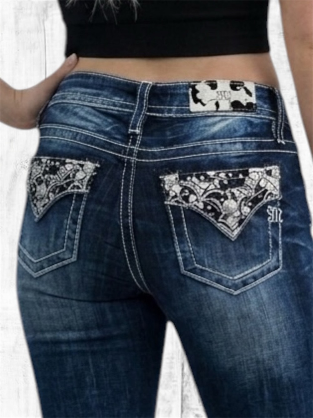 Miss Me Blue Jeans 29 Mid Rise Tailored Boot Dark Wash Rhinestone Cow Print NWOT